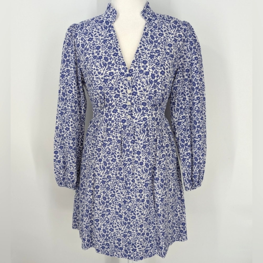 Boden Blue White Floral Long Sleeve A-line Notch Neck Mini Tea Dress 6P Petite